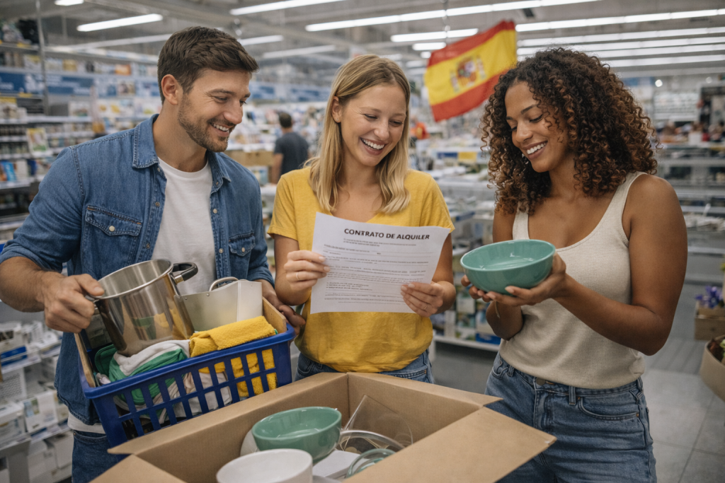 Colocation en Espagne : colocataires français achetant des équipements pour leur logement après la signature du contrat de location