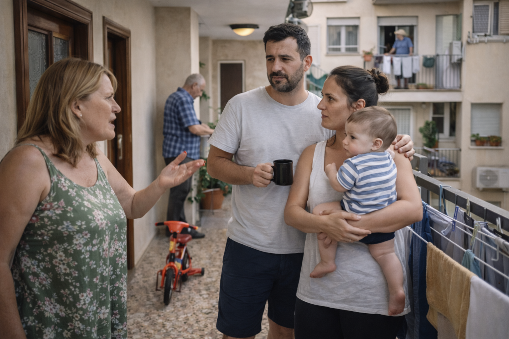 Vie quotidienne dans un immeuble en Espagne avec voisins et espaces communs partagés