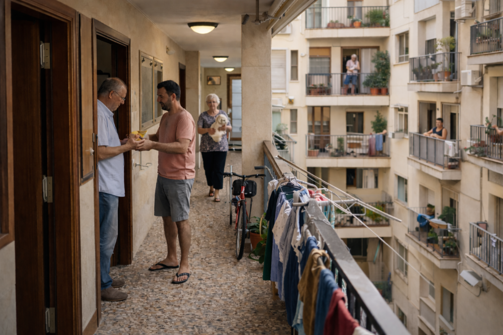 Vie en immeuble en Espagne : voisins dans les parties communes d’un immeuble