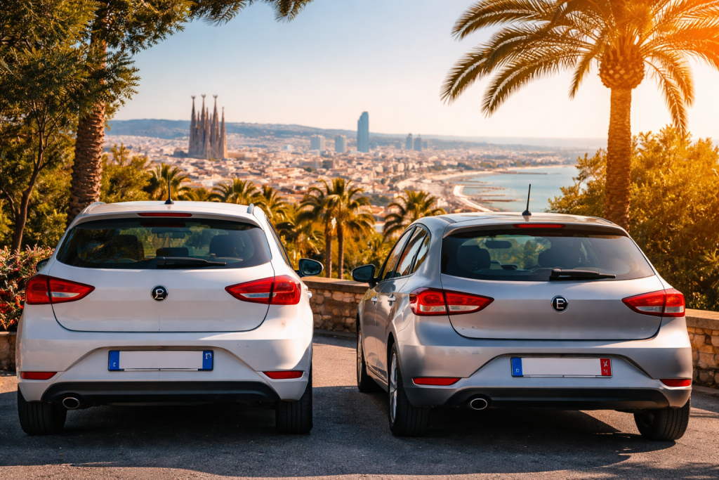 Deux voitures avec plaques française et espagnole stationnées face à Barcelone illustrant le changement d’immatriculation lors d’une installation en Espagne