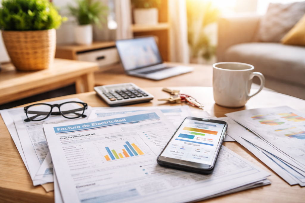 Tableau moderne affichant plusieurs factures, calculatrice, stylo et outils de gestion, illustrant l’organisation du budget et des abonnements.
