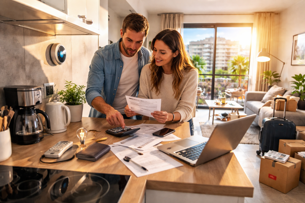 Couple installe et configure les services dans leur nouveau foyer en Espagne, avec factures, documents et équipements pour gérer leurs abonnements en Espagne.
