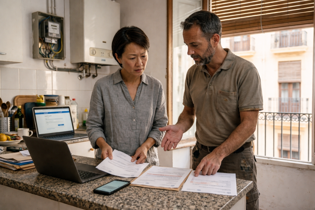 Un couple expatrié vérifie ses documents pour éviter les arnaques en Espagne lors de leur installation