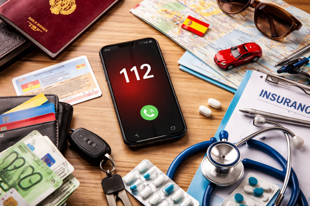 Urgence en Espagne : appel au 112 avec documents, assurance santé et carte bancaire d’un expatrié. Gérer une urgence en Espagne
