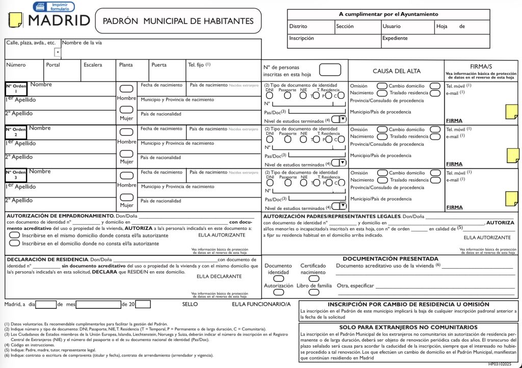Exemple d’un formulaire d’inscription de Empadronamiento en Espagne avec toutes les cases et champs à remplir, fourni par la mairie de Madrid.